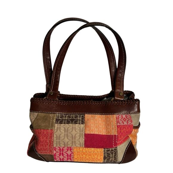 Fossil Patchwork Multicolored Purse With Zipper, Side Pockets. Brown Trim/straps - Picture 3 of 12